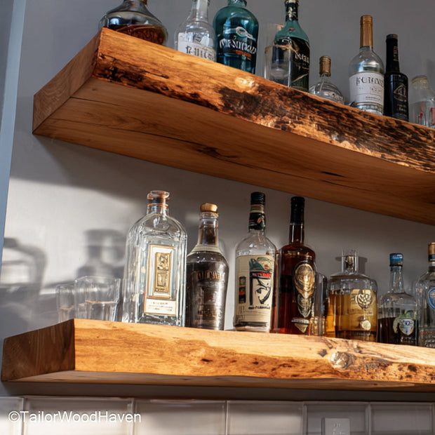 Walnut floating shelves crafted from rich walnut with natural grain and bracket free support, ideal for warm toned kitchens or living rooms
