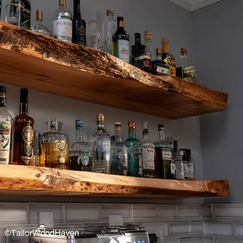Walnut floating shelves crafted from rich walnut with natural grain and bracket free support, ideal for warm toned kitchens or living rooms