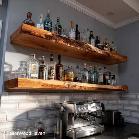 Walnut floating shelves crafted from rich walnut with natural grain and bracket free support, ideal for warm toned kitchens or living rooms