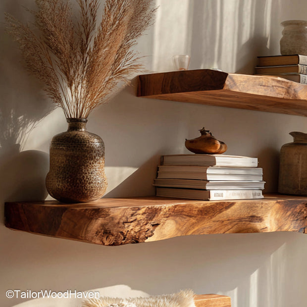 Live edge floating shelving crafted from solid timber with visible grain and raw contours, designed for wall mounted storage or decorative display