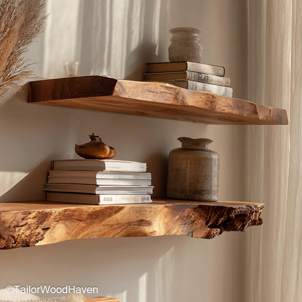 Live edge floating shelving crafted from solid timber with visible grain and raw contours, designed for wall mounted storage or decorative display