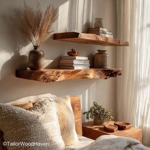 Live edge floating shelving crafted from solid timber with visible grain and raw contours, designed for wall mounted storage or decorative display