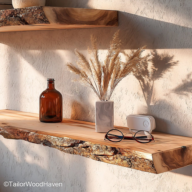 Floating live edge shelf made from raw hardwood with natural grain and wall mounted support, perfect for adding rustic warmth to open wall spaces
