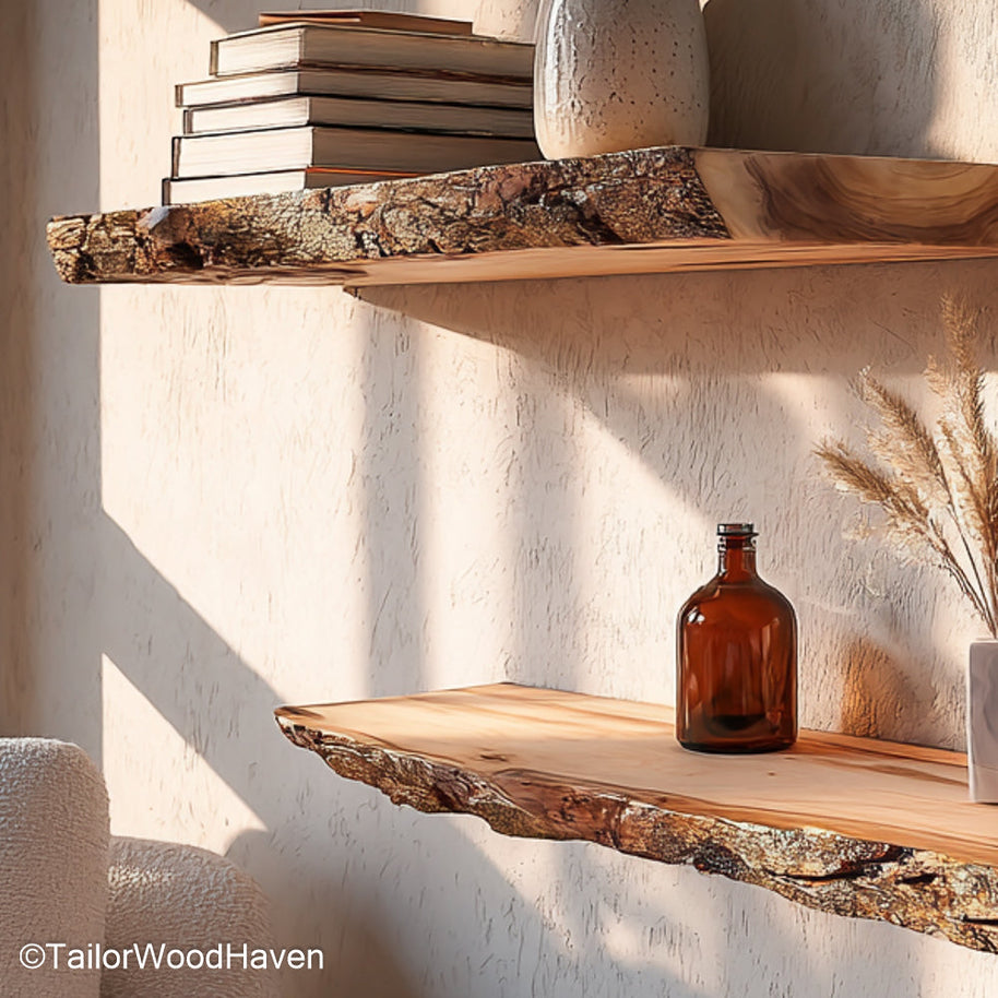 Floating live edge shelf made from raw hardwood with natural grain and wall mounted support, perfect for adding rustic warmth to open wall spaces