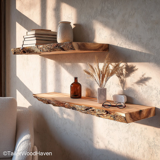Floating live edge shelf made from raw hardwood with natural grain and wall mounted support, perfect for adding rustic warmth to open wall spaces