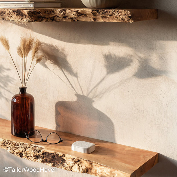 Floating rustic shelves made from aged wood with visible grain and floating design, perfect for adding warmth and depth to farmhouse style walls