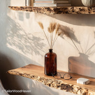 Floating rustic shelves made from aged wood with visible grain and floating design, perfect for adding warmth and depth to farmhouse style walls