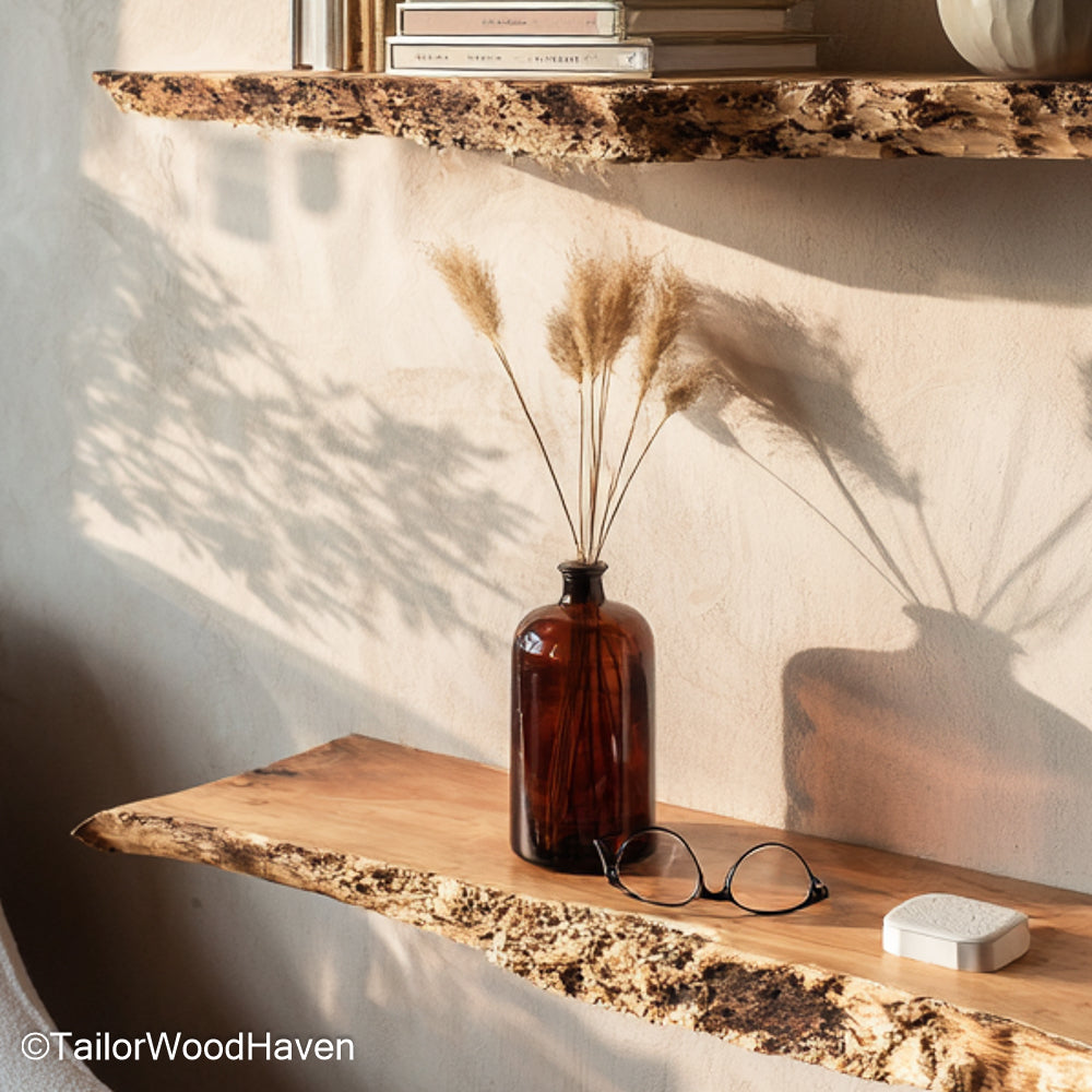 Floating rustic shelves made from aged wood with visible grain and floating design, perfect for adding warmth and depth to farmhouse style walls
