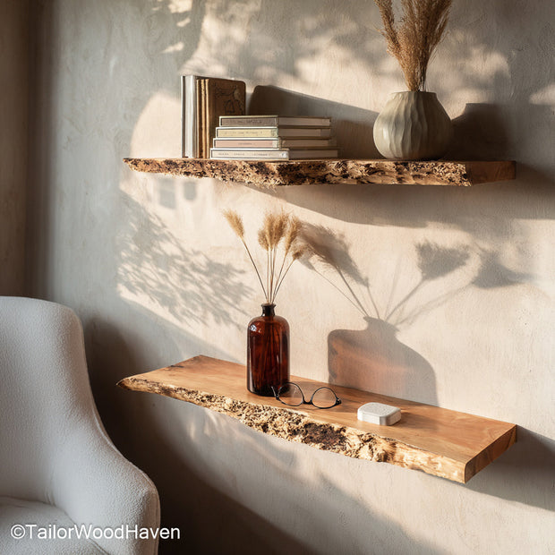 Floating rustic shelves made from aged wood with visible grain and floating design, perfect for adding warmth and depth to farmhouse style walls