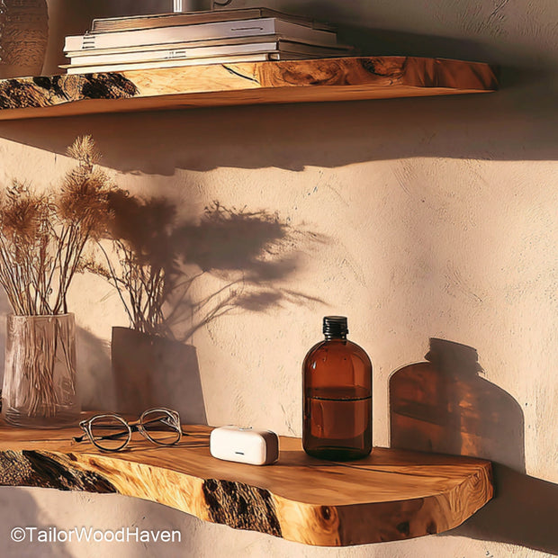 2 floating shelf set built with smooth hardwood and a minimalist design, great for organizing or displaying items in compact living spaces