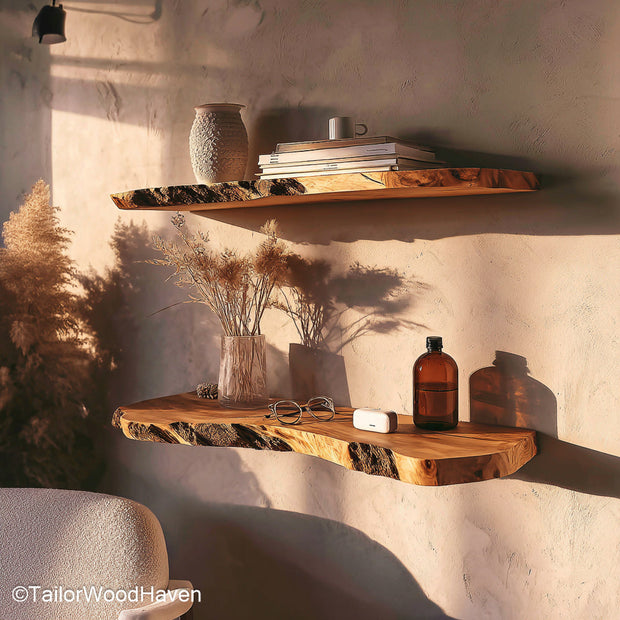 2 floating shelf set built with smooth hardwood and a minimalist design, great for organizing or displaying items in compact living spaces