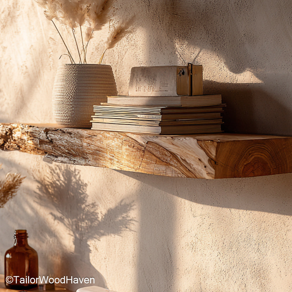 Floating walnut shelf made from American walnut with a smooth surface and floating design, perfect for soft modern or minimalist room styling