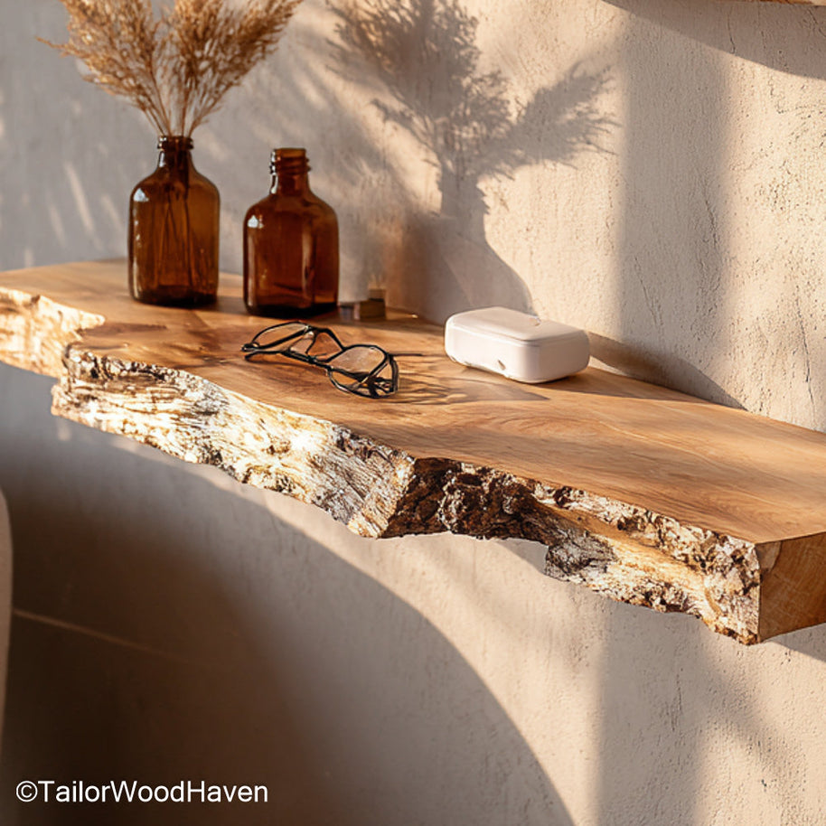 Floating walnut shelf made from American walnut with a smooth surface and floating design, perfect for soft modern or minimalist room styling