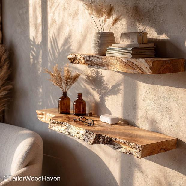 Floating walnut shelf made from American walnut with a smooth surface and floating design, perfect for soft modern or minimalist room styling