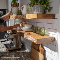 Floating rustic shelves made from aged wood with visible grain and floating design, perfect for adding warmth and depth to farmhouse-style walls