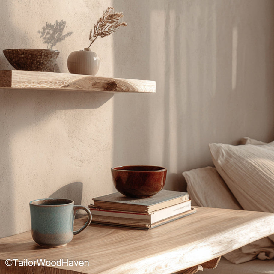 Floating Shelves for Bedside Table arranged in pairs or singles for functional wall mounted nightstands made of hardwood with rustic or modern finishes