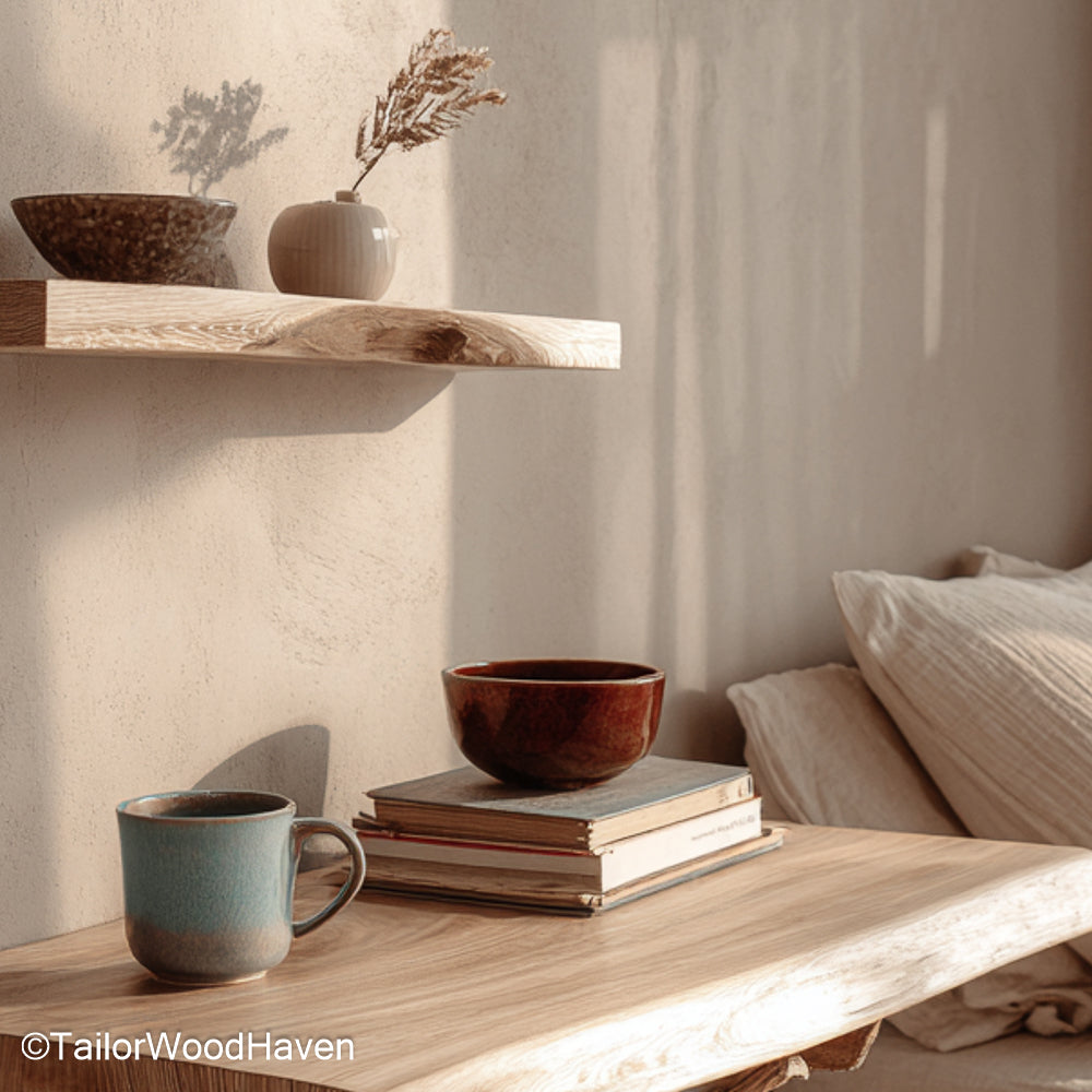 Floating Shelves for Bedside Table arranged in pairs or singles for functional wall mounted nightstands made of hardwood with rustic or modern finishes