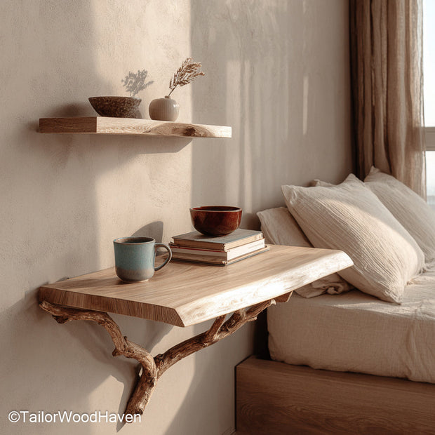 Floating Shelves for Bedside Table arranged in pairs or singles for functional wall mounted nightstands made of hardwood with rustic or modern finishes