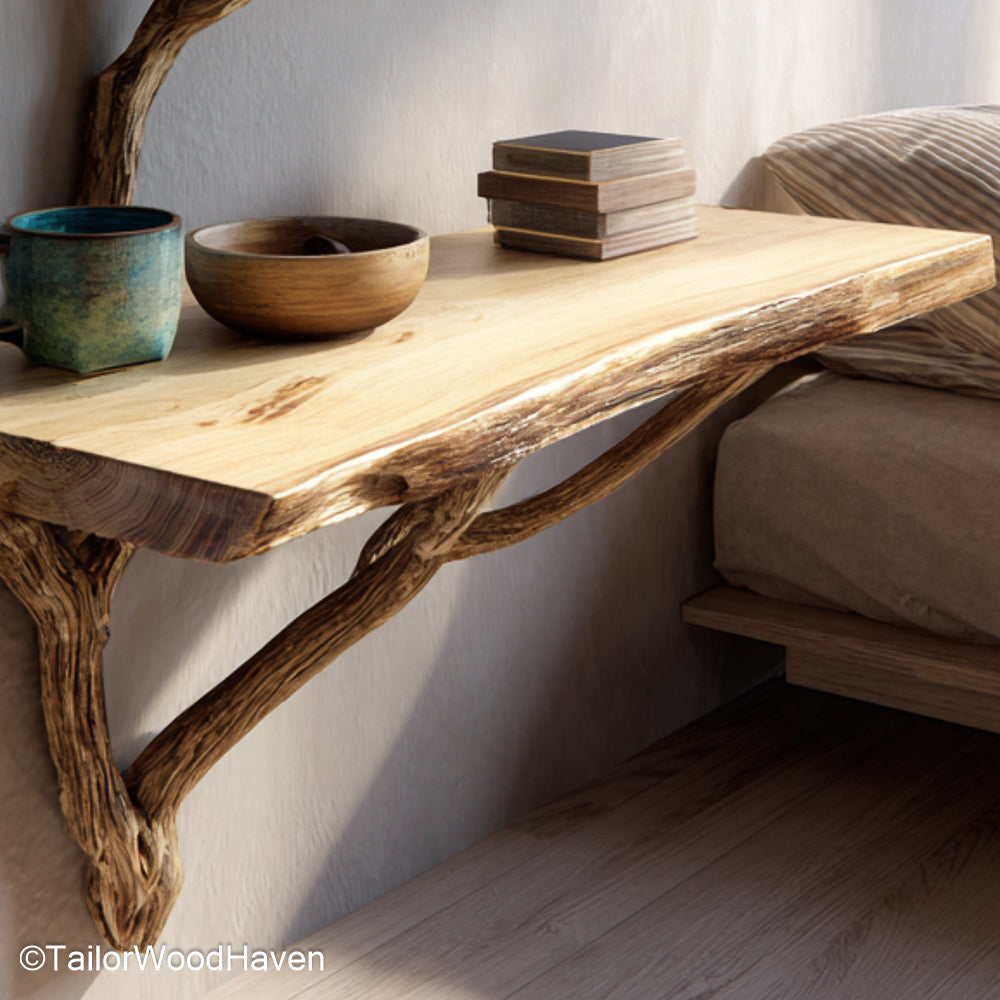 Wall Hanging Nightstand designed from solid wood with clean lines and a floating profile, perfect for small spaces with a rustic or minimalist aesthetic