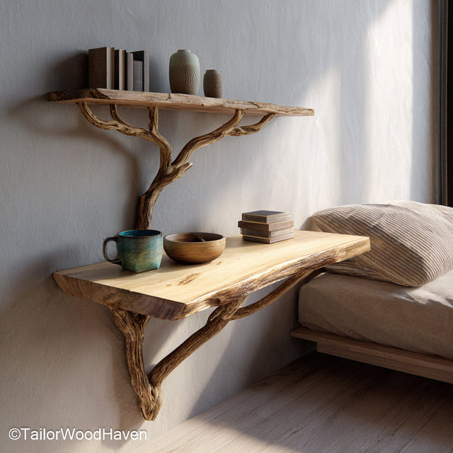 Wall Hanging Nightstand designed from solid wood with clean lines and a floating profile, perfect for small spaces with a rustic or minimalist aesthetic