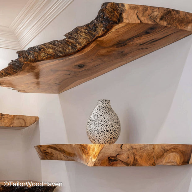 Farmhouse floating shelves made from distressed wood with natural texture and bracket free design, ideal for adding warmth to rustic living spaces