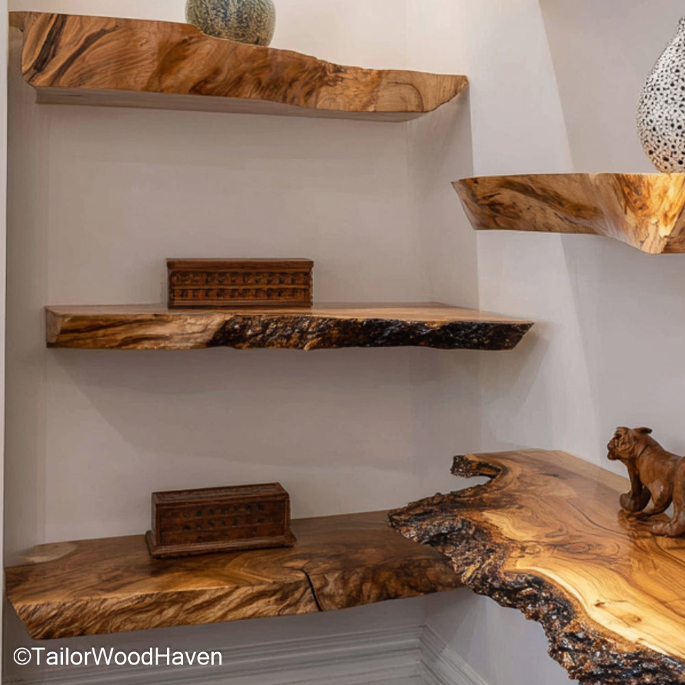 Farmhouse floating shelves made from distressed wood with natural texture and bracket free design, ideal for adding warmth to rustic living spaces