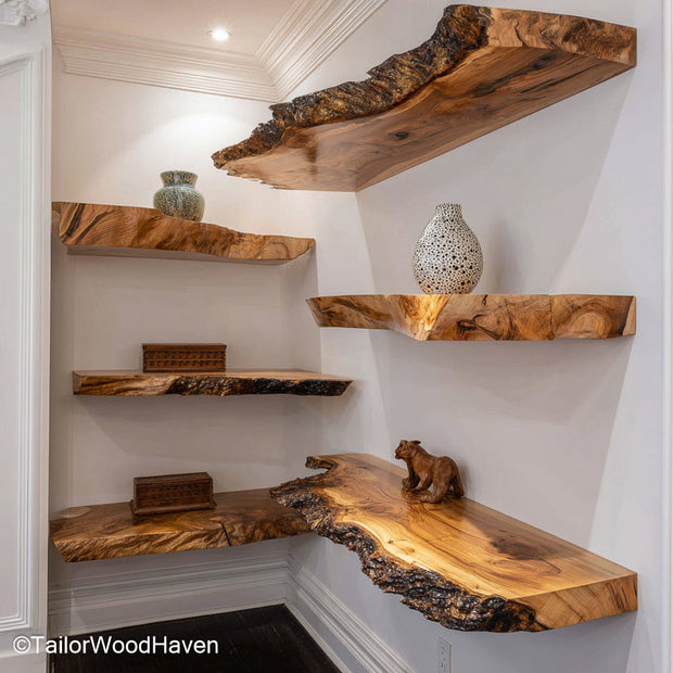 Farmhouse floating shelves made from distressed wood with natural texture and bracket free design, ideal for adding warmth to rustic living spaces