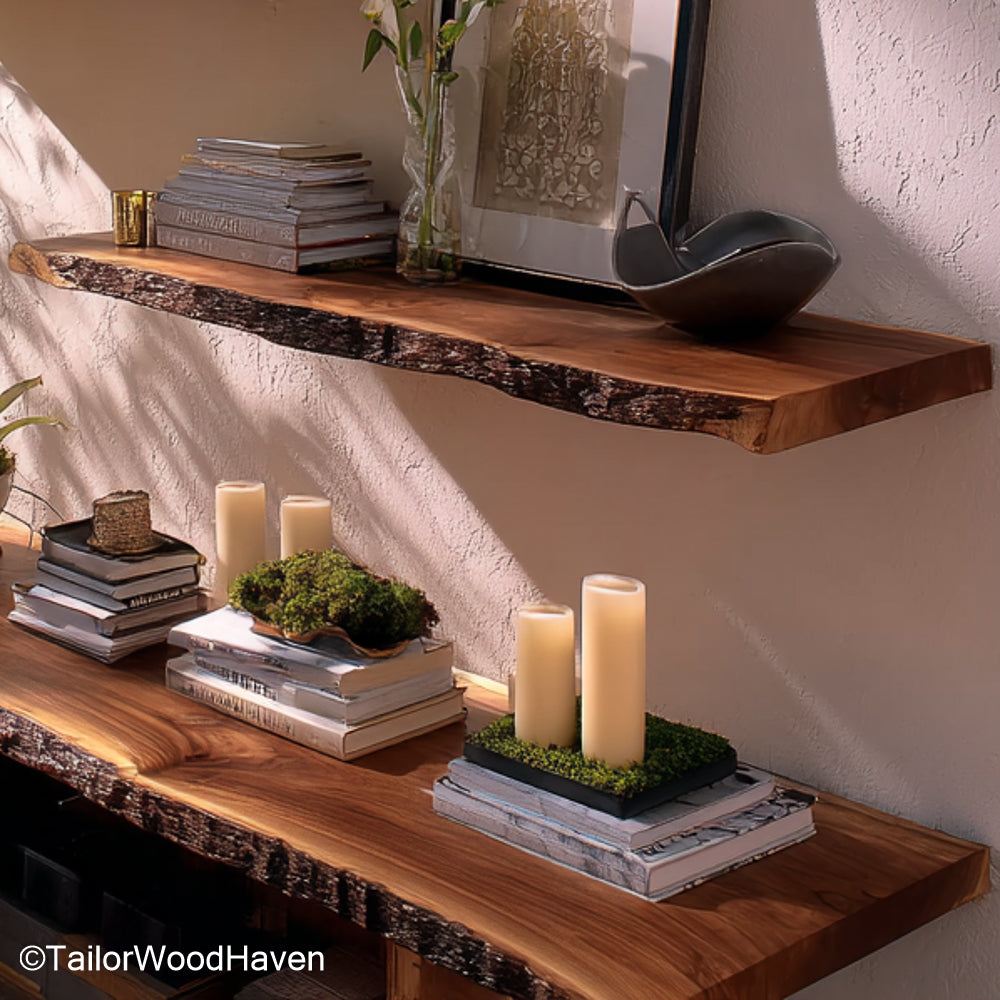 Live edge wall shelf made from a solid slab with raw edge and slim floating profile, suitable for bedrooms, entryways, or kitchen walls