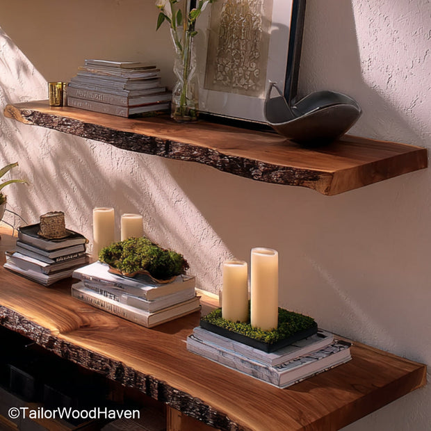 Live edge wall shelf made from a solid slab with raw edge and slim floating profile, suitable for bedrooms, entryways, or kitchen walls