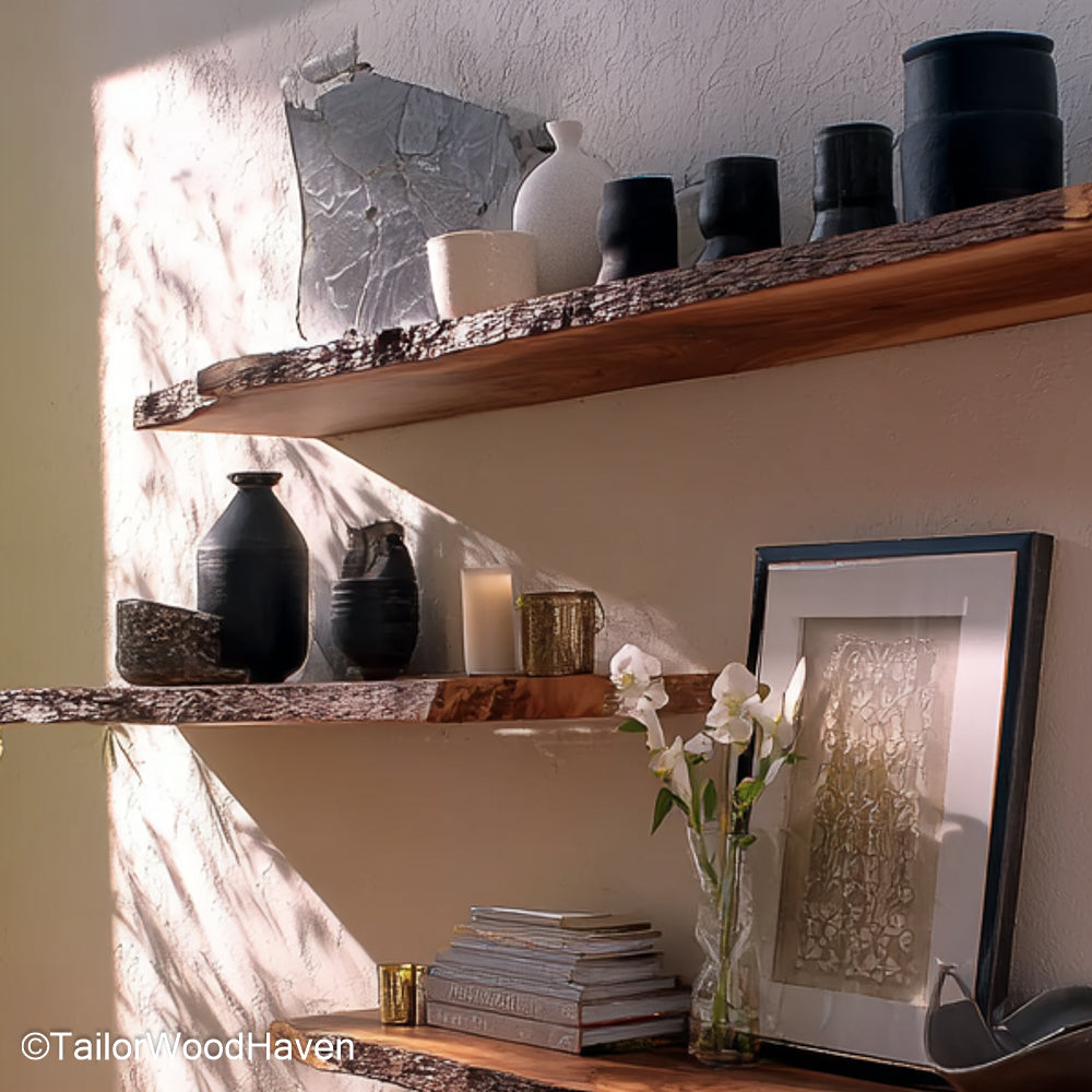 Live edge wall shelf made from a solid slab with raw edge and slim floating profile, suitable for bedrooms, entryways, or kitchen walls