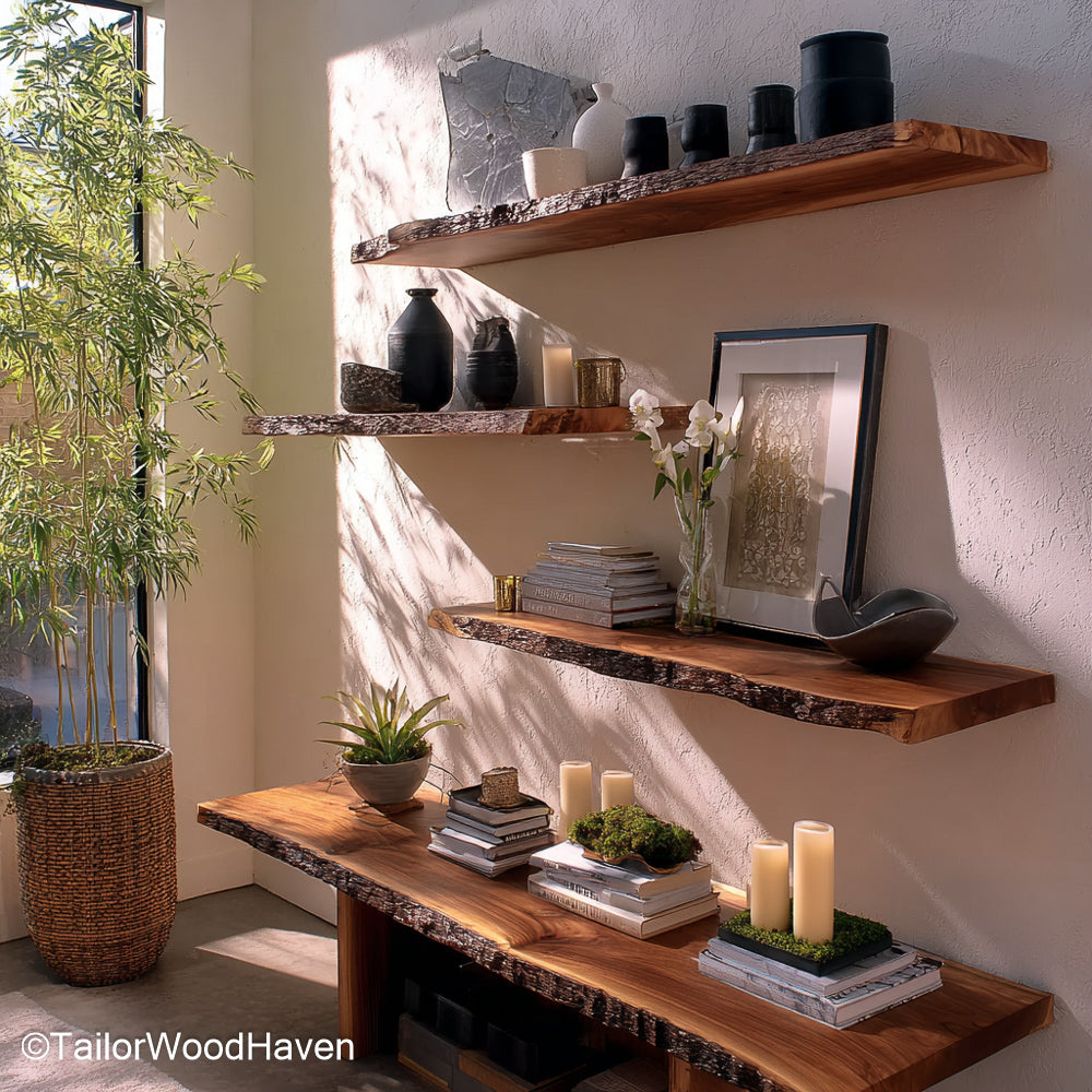 Live edge wall shelf made from a solid slab with raw edge and slim floating profile, suitable for bedrooms, entryways, or kitchen walls