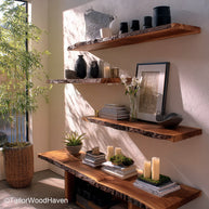 Live edge wall shelf made from a solid slab with raw edge and slim floating profile, suitable for bedrooms, entryways, or kitchen walls