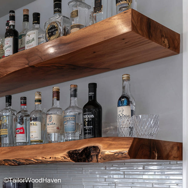 Wooden floating shelves for kitchen built with sealed timber and natural grain, offering functional floating storage for rustic or farmhouse kitchens