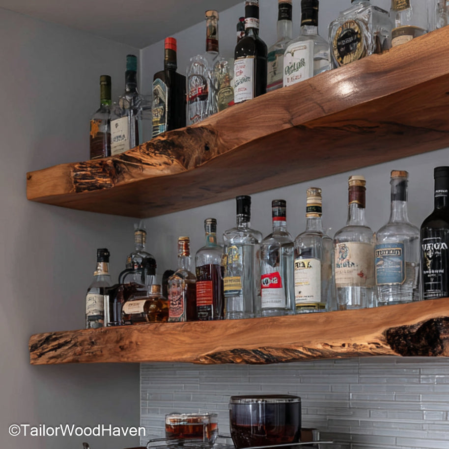 Wooden floating shelves for kitchen built with sealed timber and natural grain, offering functional floating storage for rustic or farmhouse kitchens