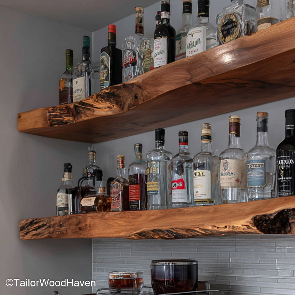 Wooden floating shelves for kitchen built with sealed timber and natural grain, offering functional floating storage for rustic or farmhouse kitchens
