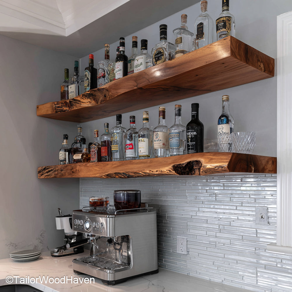 Wooden floating shelves for kitchen built with sealed timber and natural grain, offering functional floating storage for rustic or farmhouse kitchens