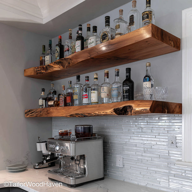 Wooden floating shelves for kitchen built with sealed timber and natural grain, offering functional floating storage for rustic or farmhouse kitchens