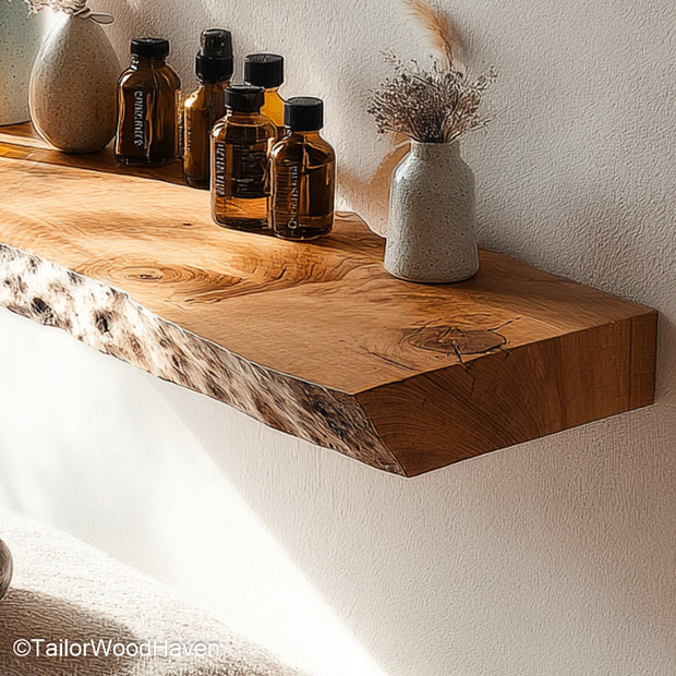 Rustic floating shelf built from solid timber with distressed texture and wall mounted frame, perfect for warm and earthy room designs