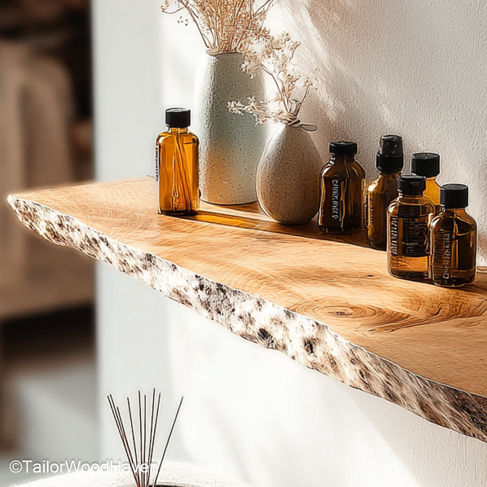 Rustic floating shelf built from solid timber with distressed texture and wall mounted frame, perfect for warm and earthy room designs