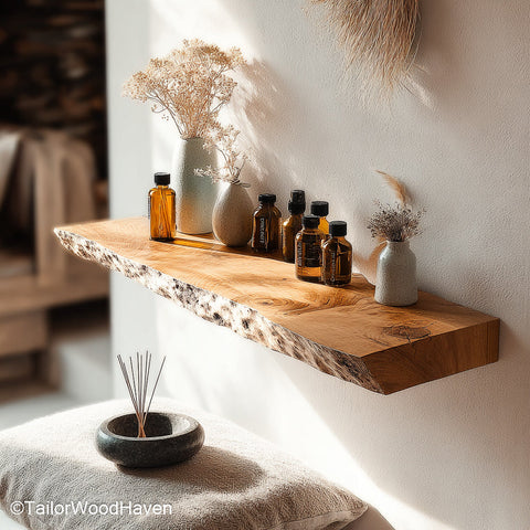 Rustic floating shelf built from solid timber with distressed texture and wall mounted frame, perfect for warm and earthy room designs