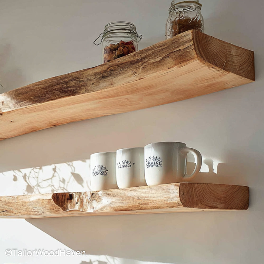 Rustic kitchen floating shelves made from aged wood with sealed finish and bracket free design, ideal for spices, dishes, or warm kitchen decor