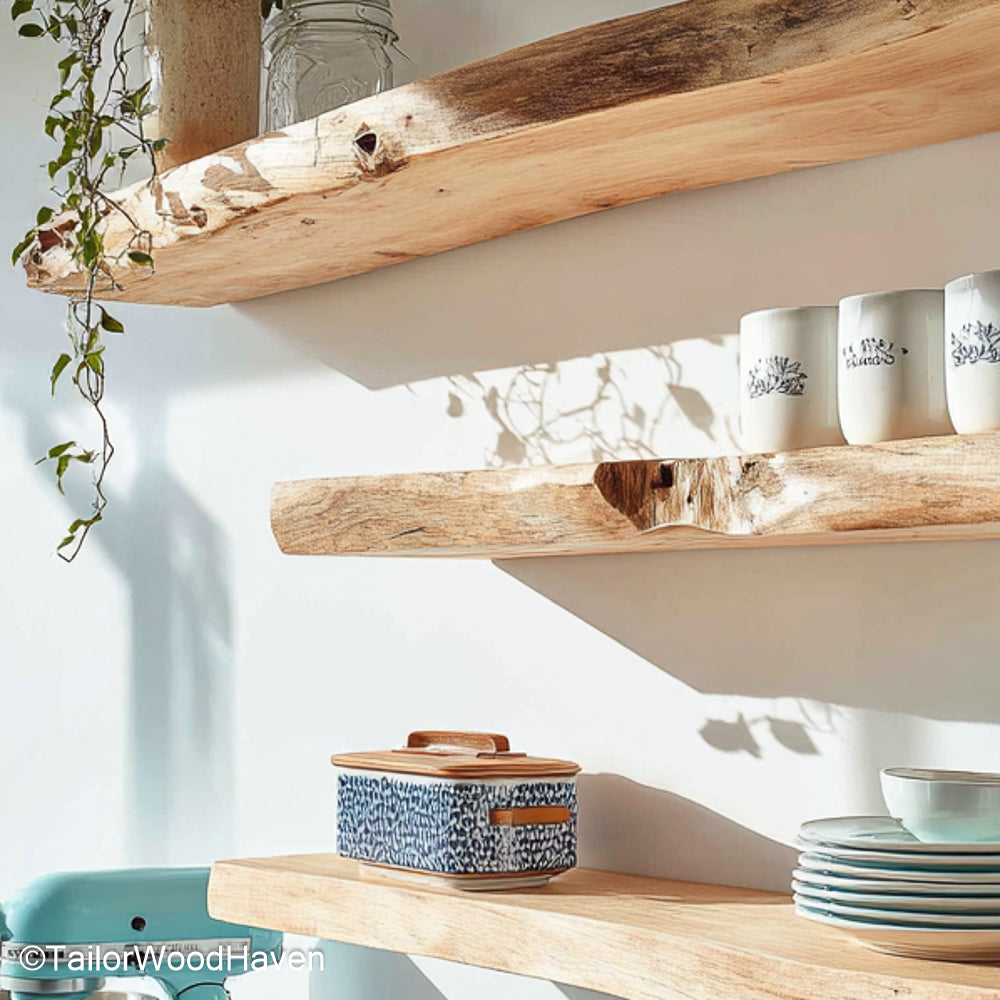 Rustic kitchen floating shelves made from aged wood with sealed finish and bracket free design, ideal for spices, dishes, or warm kitchen decor