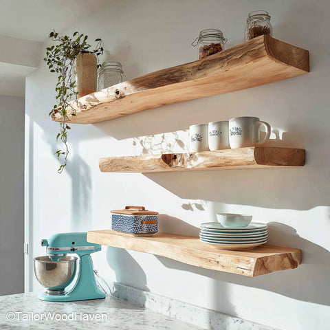 Rustic kitchen floating shelves made from aged wood with sealed finish and bracket free design, ideal for spices, dishes, or warm kitchen decor