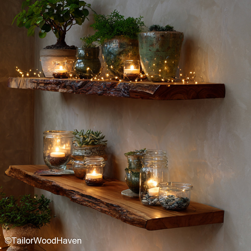 Live edge wood floating shelf made from real hardwood with a raw natural edge and hidden braket wall mount, perfect for rustic or earthy rooms