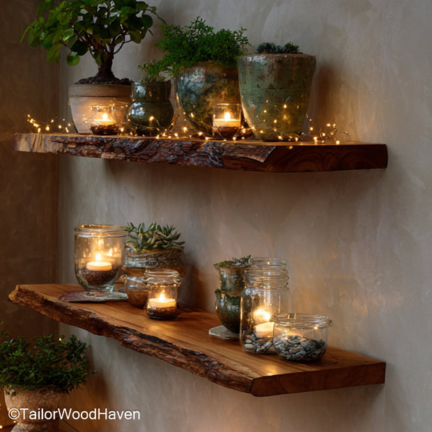 Live edge wood floating shelf made from real hardwood with a raw natural edge and hidden braket wall mount, perfect for rustic or earthy rooms
