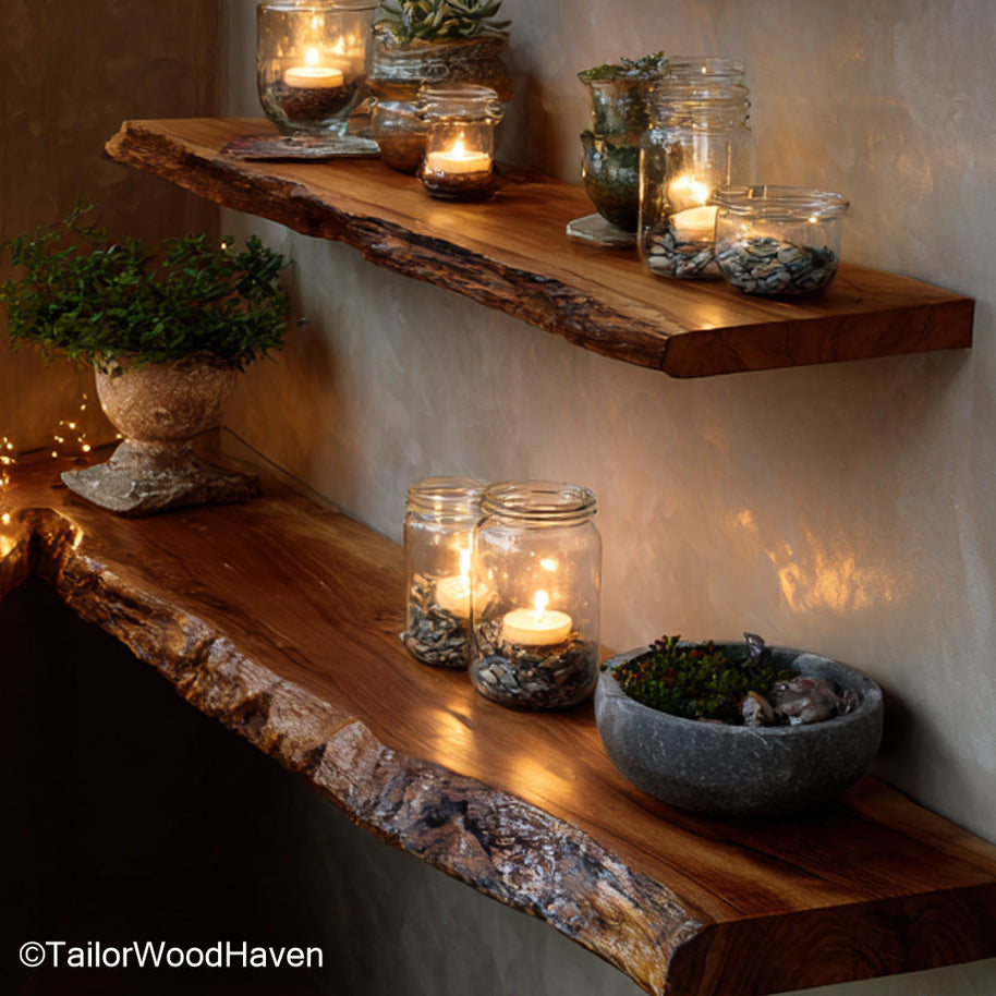 Live edge wood floating shelf made from real hardwood with a raw natural edge and hidden braket wall mount, perfect for rustic or earthy rooms