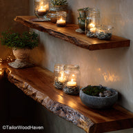 Live edge wood floating shelf made from real hardwood with a raw natural edge and hidden braket wall mount, perfect for rustic or earthy rooms