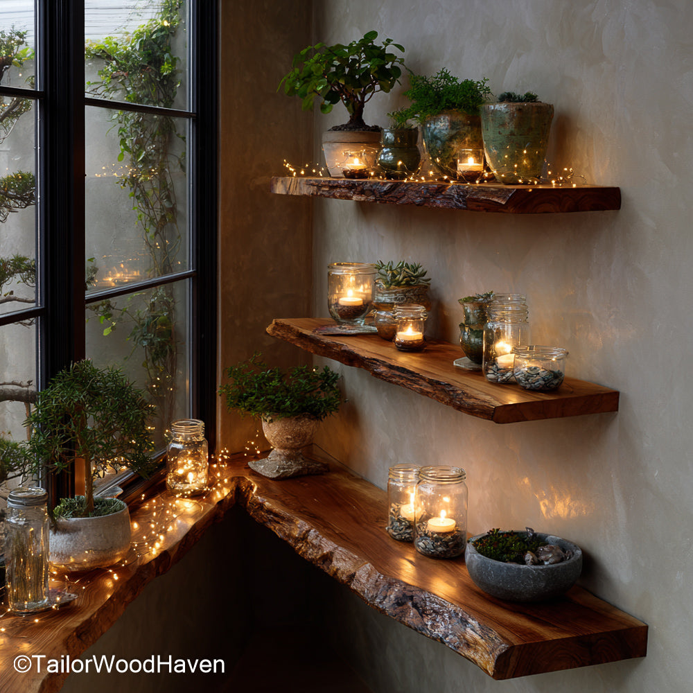 Live edge wood floating shelf made from real hardwood with a raw natural edge and hidden braket wall mount, perfect for rustic or earthy rooms