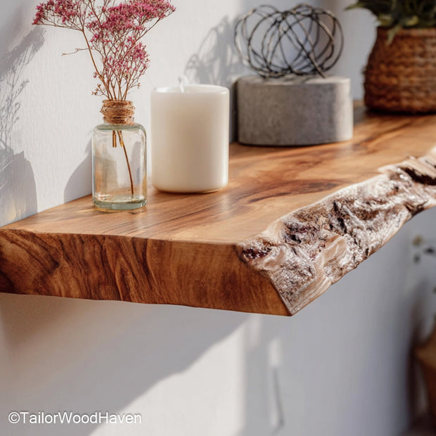 Rustic wood floating shelves built from thick slabs with aged texture and wall mounted support, designed for warm toned farmhouse or cabin walls