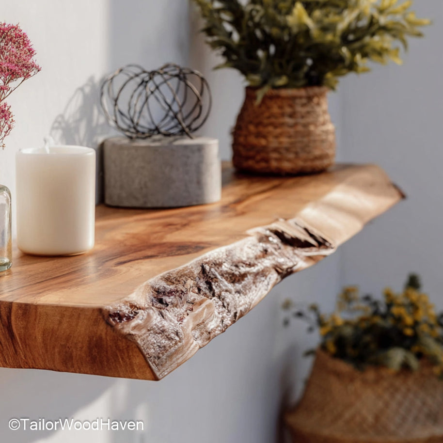 Rustic wood floating shelves built from thick slabs with aged texture and wall mounted support, designed for warm toned farmhouse or cabin walls